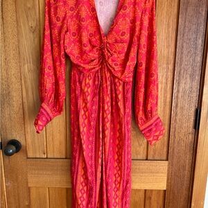 Farm Rio for Anthropologie Red and Orange Patterned Dress